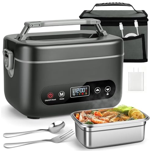 Vtizikl 2025 New Heated Lunch Box, 1.2L Electric Lunch Box, Heated Lunch Boxes for Adults with Five-Sided Heating, Tableware, Insulated Bag for Office, Travel, Picnic, Christmas (Black)