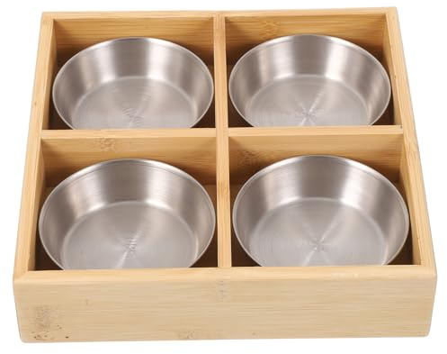 BESPORTBLE Plateau Compartimenté en Bois Naturel 4 Cases avec Bol en Acier Inoxydable Argenté – Plateau de Service à Légumes et Viandes pour Fondue Barbecue et Repas Conviviaux Réutilisable