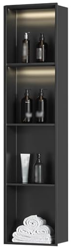 Doccia in acciaio inox nero opaco con luce a LED, mensola portaoggetti da parete, nessuna piastrella richiesta, bagno incorporato per docce moderne