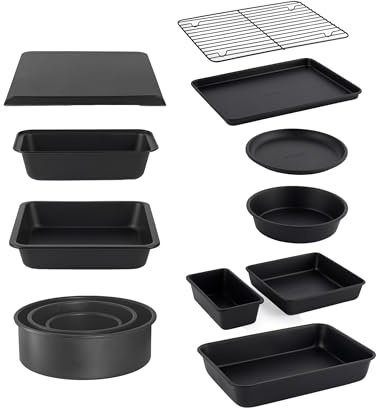 Salter Bakes All-in-One Bakeware Set - 13 Pieces, Cake Tins, Loaf Pans and Variety of Baking Trays, Cooling Rack Included, Non-Stick and PFOA-Free, Oven Safe up to 220°C