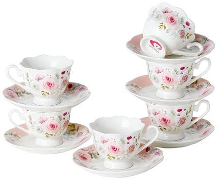 PRECITIME Porcelain Demitasse Set of 6 (12-Piece) - 2.5oz Espresso Cups & Saucers with Romantic Pink Floral Pattern, Dishwasher & Microwave Safe
