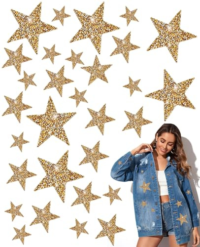 ALONK 30 Stück Sterne Zum Aufbügeln, Gold Sterne Patches Zum Aufbügeln mit Strass und Pailletten für T-shirts, Jeans, Hüte, Taschen, Kleidung und Diy-projekte