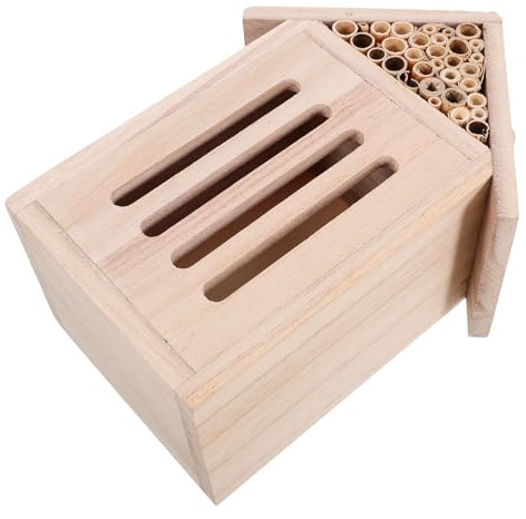 YOSADIER Natural Wood Insect Hotel Wooden Bee House with Multiple Compartments 11x9x21cm Garden Habitat for Ladybugs Butterflies Mason Bees Outdoor Backyard