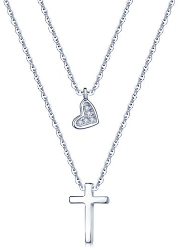Yumilok 925 Sterling Silber Zirkonia Herz Kreuz Anhänger Halskette Verstellbare Kette mit Anhänger Doppel Kettchen für Damen Mädchen