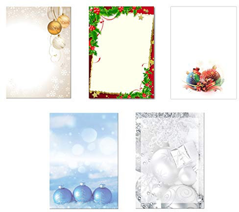 5 x 10 Blatt Motivpapier Briefpapier Mix DIN A4 Kugeln Sterne Kristalle (Weihnachten-5228)