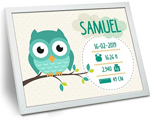LolaPix Wilkommen Baby Personalisierte mit Gerburtdatum. Name/Datum/Uhrzeit/Gewicht/Größe. Neugeborene Geschenke. Verschiedene Designs. 30x40 cm. Eule