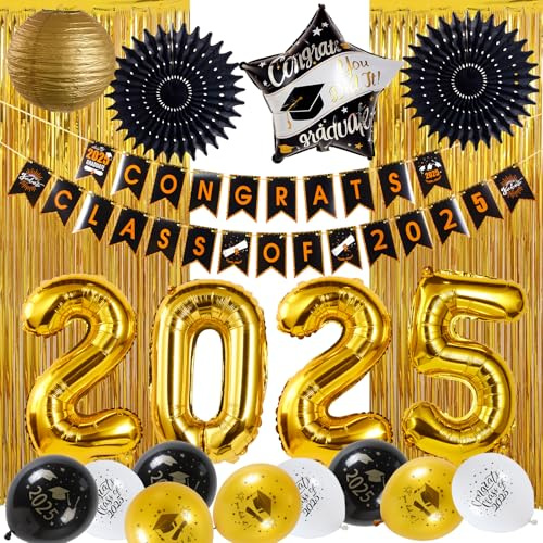 SUNBEAUTY 2025 Abschlussfeier Party Dekoration Congrats Graduation Partydeko 2025 Abitur Graduierung Deko 2025 Abschluss Deko Schwarz Gold Graduation Deko Abitur Bachelor Deko Schulabschluss 2025 Dek
