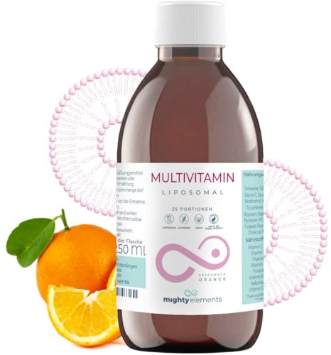 Mighty Elements Liposomales Multivitamin 250ml Vitamin C 200mg Vegan | 16 Vitamine & Mineralstoffe, B-Komplex, D3, K2 (MK-7), Folat, Biotin, 25 Portionen, Blutorange, Made in Germany