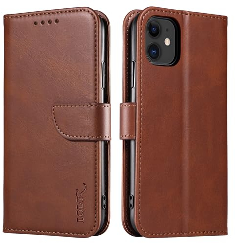 LOLFZ Hülle für iPhone 11, Premium PU Leder Handyhülle mit Kartenfach Ständer Magnetische Klapphülle für iPhone 11 - Braun
