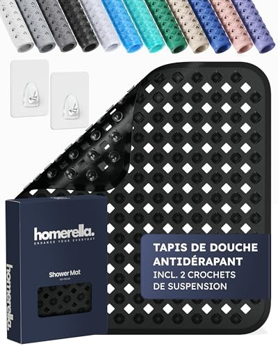 Homerella Duschmatte rutschfest 53x53 cm Dusche - Duscheinlage Schwarz | Inklusive 2 Klebehaken zum Aufhängen, angenehm weich unter den Füßen
