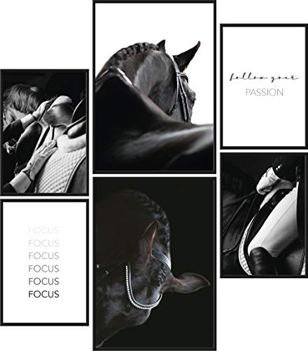 Papierschmiede® Mood Poster Set Reitsport, Bilder Wohnzimmer Deko Schlafzimmer, 2x DIN A4 und 4x DIN A5, Pferd Reiten Jockey schwarz-weiß - ohne Rahmen