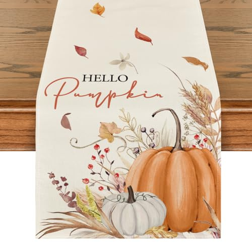 Artoid Mode Kürbisse Blumen Blätter Herbst Tischläufer 40x140 cm | Saisonal Hause Wohnzimmer Tisch Dekoration Drinnen Urlaub Party Dekor