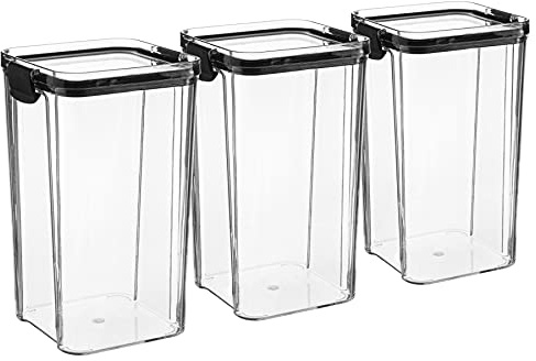 Argon Tableware Food Storage Containers - 1.3L - Black - Pack of 3 - Clear Airtight Reusable Stackable Freezer Storage Meal Prep Container Lunch Box with Clip-Lock Lid