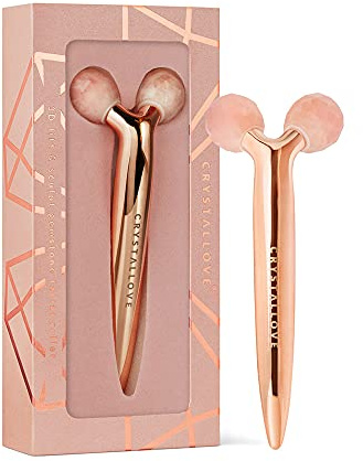 CRYSTALLOVE Gesichtsmassagegerät mit Rosenquarz - 3D Gesichtsroller - Anti-Aging Massageroller - Gesichtslifting Massager - Massagegerät - Face Massage Roller