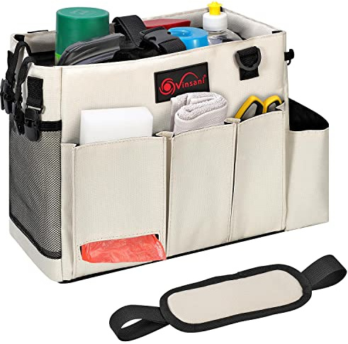 Vinsani Cleaning Caddy Storage Organizer with Handle & Adjustable Strap | Foldable Multifunctional Storage Bag for Kitchen, Bathroom, Garden & Household Cleaning Tools - Medium, Cream