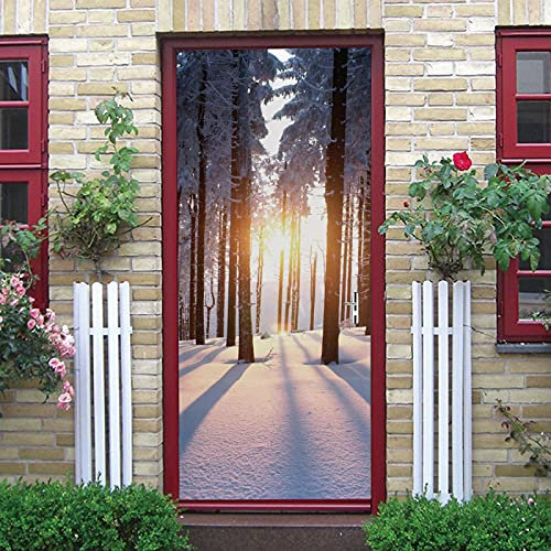 LuSeven stickers paroi de douche Neige arbres soleil 50x125cm(19.68 inches * 49.21 inches) Autocollants de porte 3d, PVC Auto-adhésifs Sticker Porte, Poster de porte Décoration Maison, Salon, Cuisine,