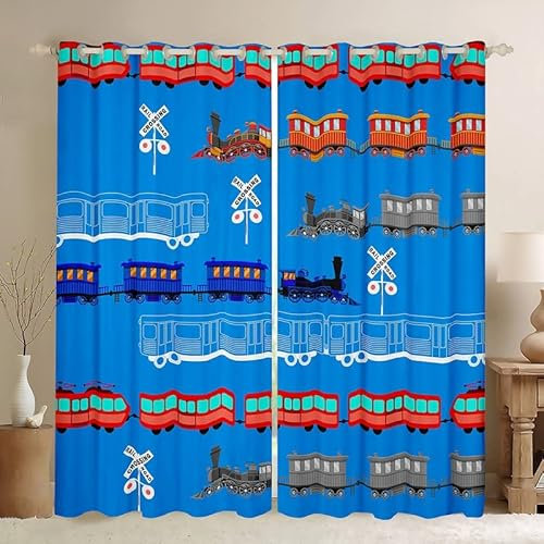 Cartoon-Auto-Vorhänge für Schlafzimmer, Kinder, Jungen, Mädchen, Vintage-Auto, 30 % - 50 % Verdunkelung, Zugverdunkelung, Dreapes-Dekor, Retro-Dampfzug, Blaulichtschild, Fensterbehandlungen (2