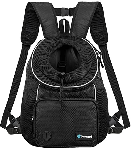 PetAmi Zaino anteriore per cani e gatti, regolabile e ventilato, per escursionismo, campeggio, viaggi, piccola e media, per cani di taglia piccola, media, grande, max 4,5 kg, nero