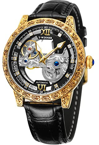 FORSINING Orologio meccanico da uomo con movimento trasparente con cinturino in pelle Tourbillon di lusso a carica automatica, trasparente, Trasparente, cinturino