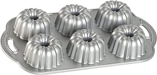 Nordic Ware Anniversary Tortiera Bundtlette, 6 Mini Stampo Chiffon Cake, Angel Cake e Ciambellone, Teglia Torta in Alluminio Antiaderente, Accessori Cucina di Alta Qualità Made in USA, Colore: Argento
