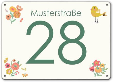 banjado® Hausnummernschild personalisierbar Motiv WT Vintage Flower - Hausschild personalisiert Draußen mit Straßennamen möglich - Hausnummernschild Edelstahl versch. Motive - inkl. Montagematerial