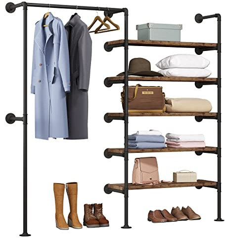 WOLTU Kleiderständer mit Ablagen, Garderobe mit Kleiderstange, Garderobenständer Wandmontage, Vintage Industrial Design