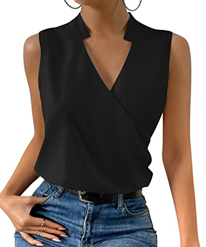 ORANDESIGNE Débardeur Femme Chic Et Élégant Top Chemisier Sexy Blouse Ample Haut Été sans Manches Tee Shirt Col V Fluide Mode Casual Chemise Classique Debardeur Travail Camisole A Noir M