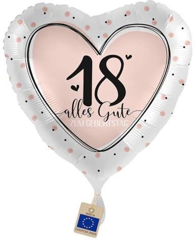 Folienballon Alles Gute zum 18. Geburtstag - Herzballon 18 | Luftballon Herzform mit Zahl 18, Geschenk und Deko zum 18. Geburtstag Mädchen, Made in EU