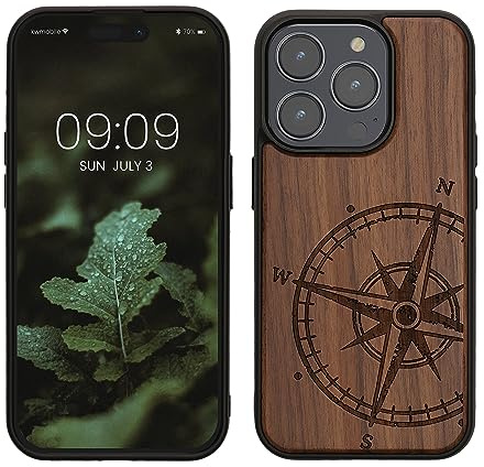 kwmobile Hülle kompatibel mit iPhone 15 Pro Hülle - Holz Case - Handy Cover - TPU Handyhülle in Dunkelbraun Kompass Vintage