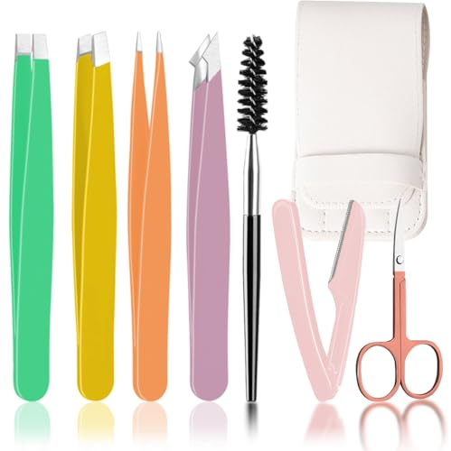 WUBAYI 7PCS Eyebrow Tweezers Set, Stainless Steel Eyebrow Tweezers for Facial Hair Women and Men, Tweezer Kit for Ingrown Hairs, Tweezer Set for Splinter/Facial Hairs Removal