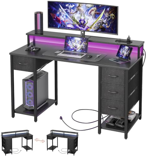 BEXEVUE Scrivania Moderna LED con Ciabatta - 120x50cm Scrivania Gaming Tavolo Computer con Supporto Monitor Vassoio per Tastiera, 4 Cassetti Reversibili, Grande Spazio Studio Gioco Lavoro Casa Ufficio