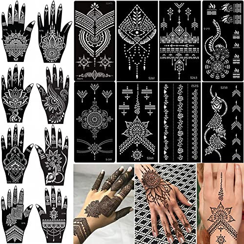 XMASIR 16 Blatt Henna Temporäre Tattoos Schablone, Indischer Arabischer Hände Tattoo Tempel Aufkleber für Frauen Body Körper