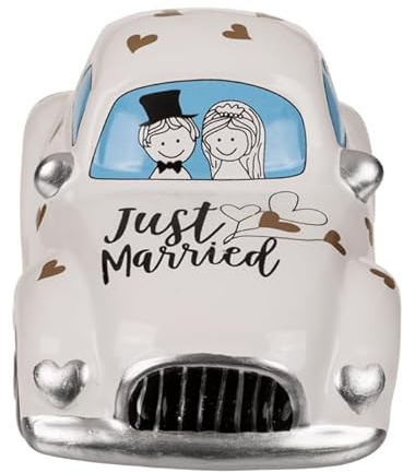 BLUECHOLON Spardose Auto Hochzeit Keramik Just Married mit Deckel und Schlüssel, Geldbörse, Sparschwein, Art Deco, Türkis, Hochzeitsgeschenk für Paare und Neuvermählte