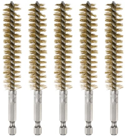 sourcing map 5Pcs Bore Brush Brass 16mm Dia Cleaning Twisted Bronze Wire Brush Tube Pipe Cleaner with Handle 1/4 Inch Hex Shank for Tubes, Ports, Bearings