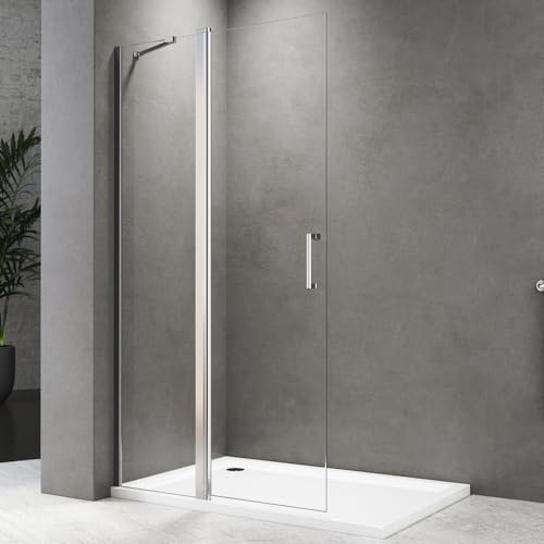 Duschwand Walk In 100x185 cm Klappbar Walk In Dusche mit Festteil Duschtür Falttür Duschabtrennung aus 6 mm Starkem Einscheiben-Sicherheitsglas mit Nanobeschichtung, Leicht zu Reinigen