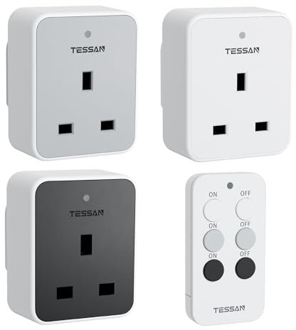 TESSAN Remote Control Plug Socket UK, 30M/100ft Operating Range, Programmable Wireless Plug Work for Household Appliances, Bedroom, 3 Socket and 1 Remote
