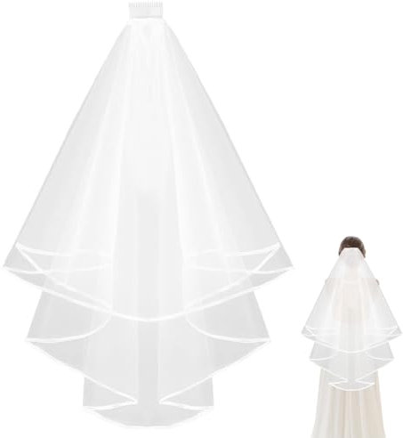 Brautschleier Damen mit Kamm, 2 stufiger Tüll Brautschleier Braut Kurz mit Satinkante, Brautschleier Tüll Hochzeit Kurzer für Hochzeit Party und Einzeln Partei, Weich、leicht und eleganter