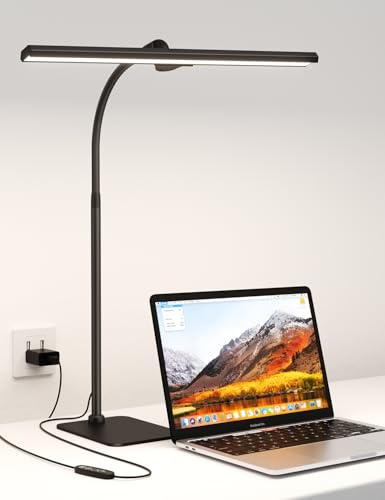 Schreibtischlampe Led Dimmbar mit fuß, 12W Tischlampe für Büro und Lesen | Flexibler Schwanenhals (36-62cm) für große Monitore, Augenschonendes Licht mit 60-Min-Timer, Inklusive USB-Netzteil