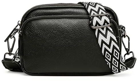 Wybtbm Crossbody Bag Damen, Klein Umhängetasche Damen, Echtes Leder Breiter Gurt,Kleine Handtasche Damen Handytasche zum Umhängen mit Breitem Schultergurt u 3 fächern(Schwarz)