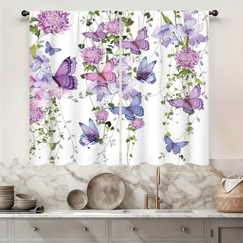 Famiffty Purple Butterfly Window Curtains 26W X 36L Inches 2 Panels Rod Pocket Spring Floral Lavender Curtains Lilac Summer Leaves Plant Girly Window Drapes Treatment Living Room Bedroom Home Decor