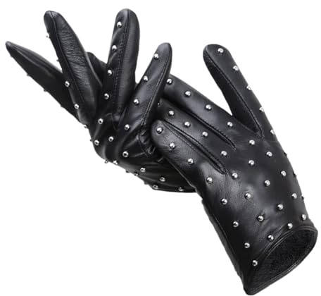 Damenhandschuhe Aus Echtem Lammfell Mit Nieten, Dünne, Warme Winterhandschuhe Aus Leder Zum Autofahren Und Motorradfahren