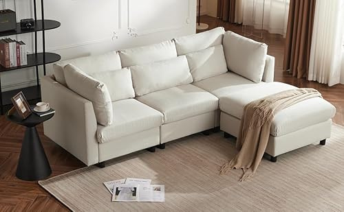 KAZZIO Design Moderno, Mobili Imbottiti, Divano a Tre Posti Ad Angolo Con Poggiapiedi a Forma di L (Beige)