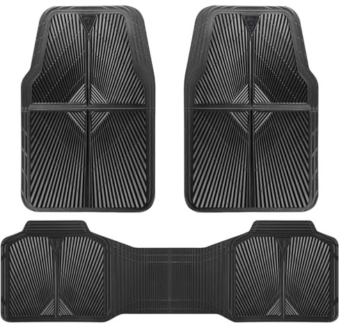 CAR PASS Rubber Floor Mats, All Weather Waterproof Trim-to-Fit Automotive Mats for Cars Trucks SUV, Anti-Slip Easy Clean, Heavy Duty Full Set 3-Piece, All Black