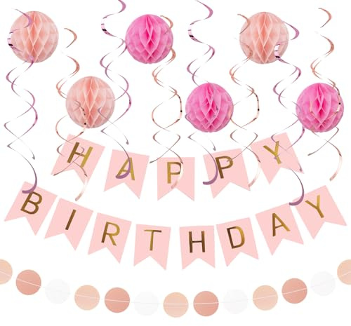 Kriovoa Pink Happy Birthday Banner with Honeycomb Ball, Streamer for Party Decoration