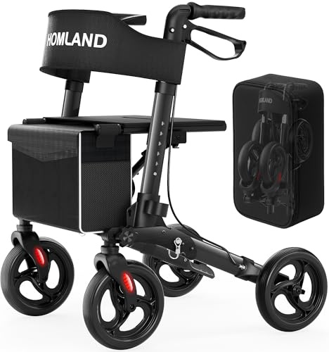 HOMLAND Foldable Walkers for Seniors with Seat, Height Adjustable Rollator Walker, 8 Big Wheels Rolling Walker for All Terrain, Aluminum Lightweight Walker.