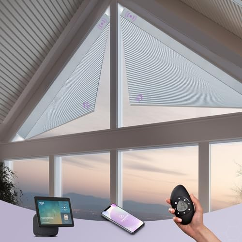 Graywind Smart Angled Blinds Compatible with Alexa Google, Motorized Triangle Shaped Shades Solar Powered, Customized for Odd-Shaped Window, Blackout White
