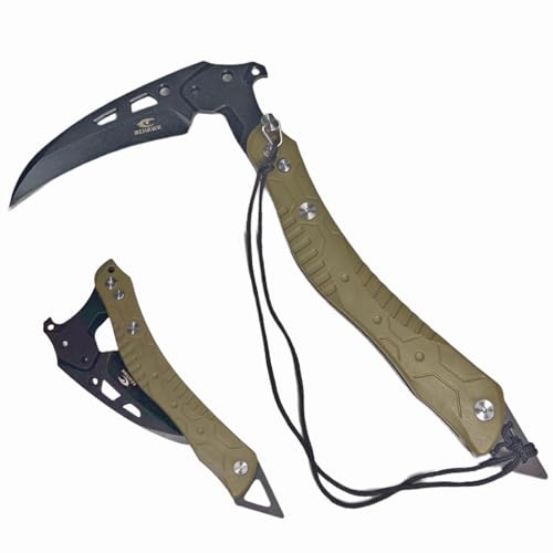 Folding Sickle Knife With Sheath, Quick Release Tactical Survival Tool with Safety Lock,Glass Breaker, Portable Outdoor Garden Pruning Tool (Army Green)