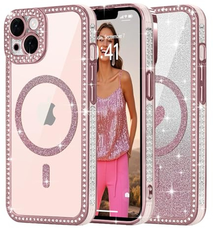 Ethanger Cover per iPhone 13 [Glitter Card con Motivo a Cuore] Cristallo Diamanti Lucidi Custodia per Donne Ragazze Trasparente Antiurto Protettiva Cover per iPhone 13 Rosa