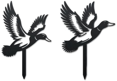 WADORN 2 Stück Dekorative Gartenstecker Aus Metall In Form Einer Ente, Lustige Fliegende Wildente Metall Silhouette Statuen Tier Garten Ornament Geschenke Schwarze Hof Kunst Dekor Für Außenbereich