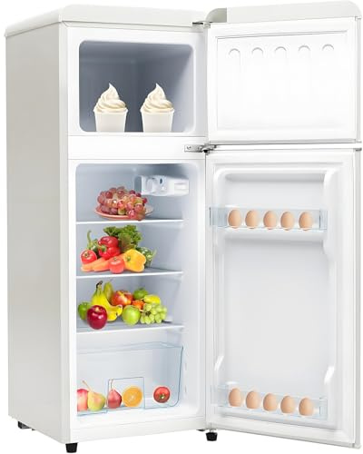 Retro Kyl- Och Fryskombination, övre Och Nedre Kylskåp Med Dubbeldörrar, 92 L Total Kapacitet, Med 28 L Fryskapacitet, 116 Kwh/år, LED-Belysning, Grönsakslåda,White